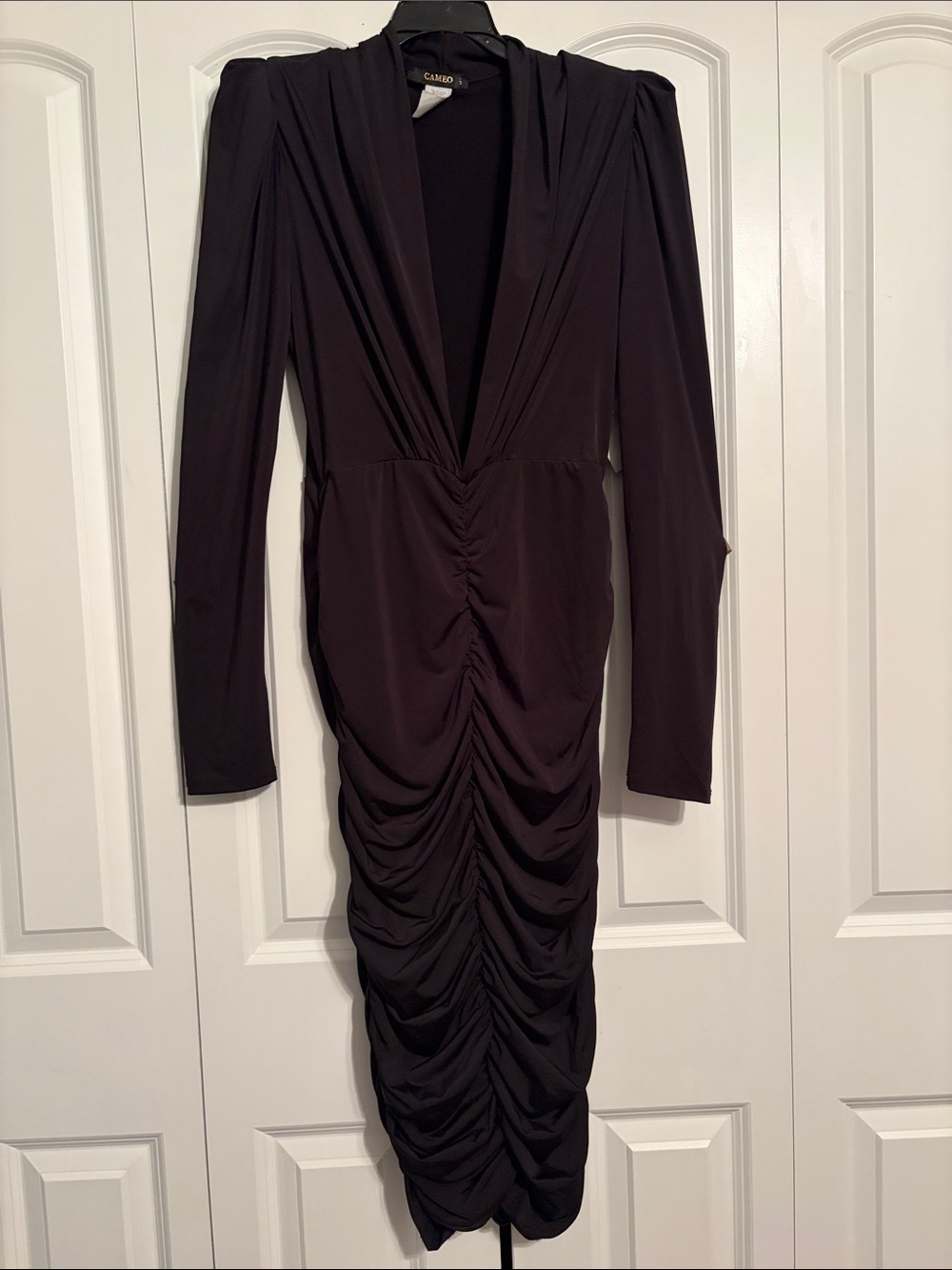 cameo Black Ruched Deep-V Long Sleeve Midi Dress